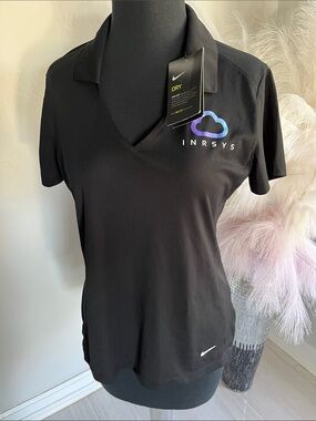 Nike Black Women's Dri-FIT V-Neck Polo with Blue/Purple INRSYS Logo
